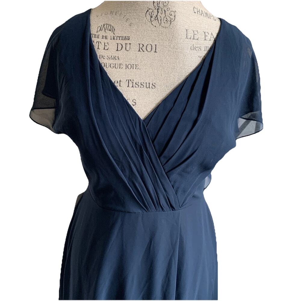 Azazie Rylee Maxi Bridesmaid Dress Womens 4 Navy Blue Chiffon Flutter Sleeve NWT
